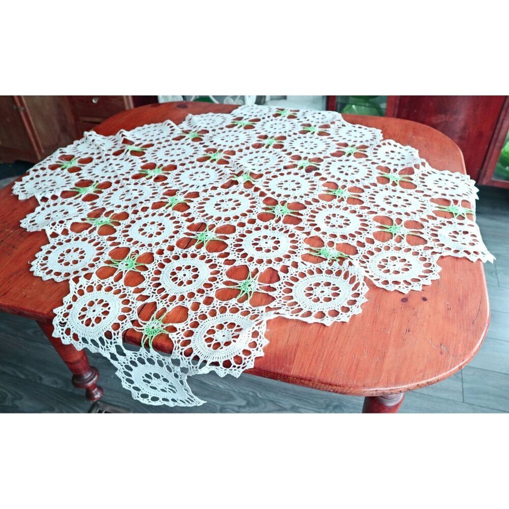Crocheted Doily Large White and Green Crochet Table Topper Vintage Handmade V52